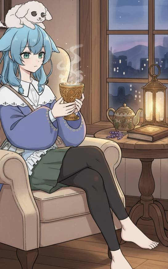 翠が、ハーブティを飲んでゆったりしている時間を過ごす